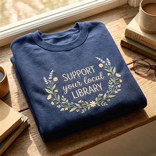 Embroidered Support Your Local Library Sweatshirt: Embroidered Book Tee, Library Gift, Literary Shirt, Bookish T-shirt - Etsy