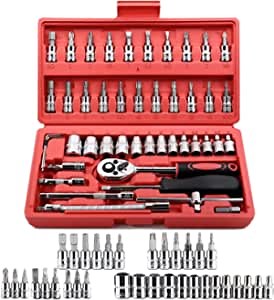 46PCS Metric 1/4" Socket Ratchet Wrench Set, Ratchet Sets Mechanic Tools Kit Bit Sockets for Automotive Repair,Car Maintenance and Household, Ratcheting Wrench Set with Extension Bar and Storage Case