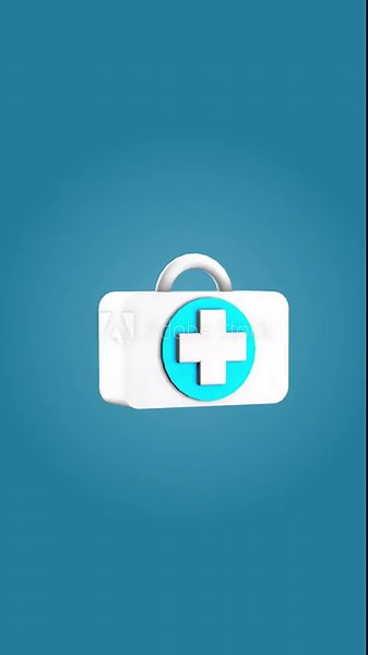 3d health care icon: white first aid kit with plus symbol on a blue background. health and wellness concept.