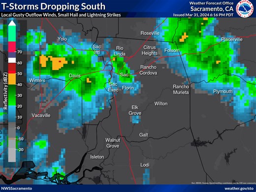 Thunderstorms are dropping south across the Delta, Sac Metro, Mother Lode foothills and northern San Joaquin Valley. Local heavy rain, gusty outflow winds, small hail and lightning strikes are expected through at least 7 pm. | US National Weather Service Sacramento California