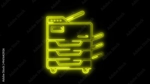 Neon Office Printer Icon Video HD - Glowing Multifunctional Printing Machine Symbol with Blue Light on Black Background Representing Office Equipment Animated Design