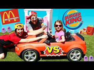 McDonalds Drive Thru Prank vs Burger King Healthy Food & Happy Meal Toys & Kids Driving Power Wheels