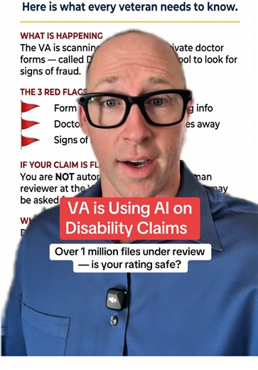 The VA just rolled out an AI crack‑down on old disability claims — and it’s already scanning over a **million** private doctor DBQs for “red flags.” 🤖 Altered forms, doctors more than 100 miles away, and pay‑to‑play evidence mills are all on the list. If your claim gets flagged, it goes to a human rater for review — you are **not** automatically denied, and you still get due process. If the VA reaches out about your file, don’t panic. Contact a free VSO (DAV, VFW, etc.) and get someone in your