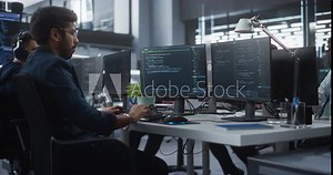 Group of Empowered Multicultural Men and Women Working in a Research Center, Using Computers to Run Advanced Software, Develop Artificial Intelligence Interface and Neural Network Blockchain