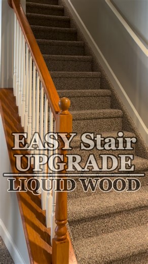 MICHELLE | Neutral Modern Home on Instagram: "Comment LINK for the products and steps for this liquid wood stairs transformation!! NO SANDING 🤯 Follow for more budget friendly DIYs and tips along the way!! #liquidwood stain #stairs stairrailing #beforeandafter myhome homeprojects #diy diyhome diyprojects cabinetideas cabinet stainideas #homeideas stairwell transformation budgetfriendly budgetfriendlydiy youcandoit onabudget easy tutorial tipsandtricks hack cabinethacks"