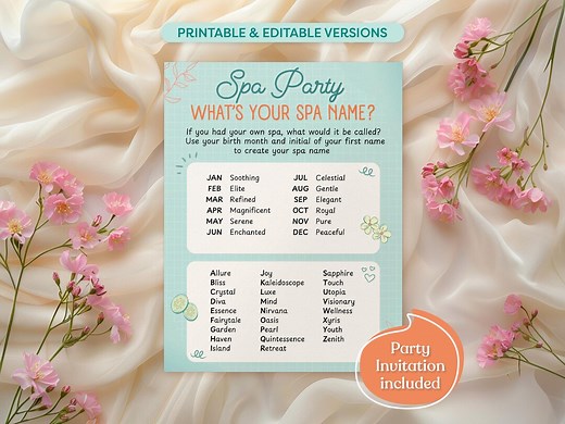 Spa Party Game, What's Your Spa Name, Printable & Editable Game, Fun Teens Tweens Slumber Party Activity, Pamper Party Game, Canva Template - Etsy