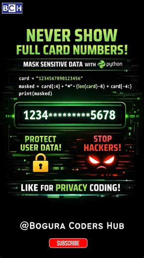 Never Show Card Numbers 😱 | Mask Sensitive Data with Python |Never Show Full Card Numbers Are you still displaying full card numbers in your apps? 🚫💳 That’s a big security risk. In this Short, you’ll learn how Python masks sensitive data so hackers can’t steal user information. A simple trick every developer must know for privacy and secure coding. 🔐 Protect user data 💻 Learn real security logic 🚀 Upgrade your coding mindset Like, share, and follow for more cybersecurity & Python tips! #bo