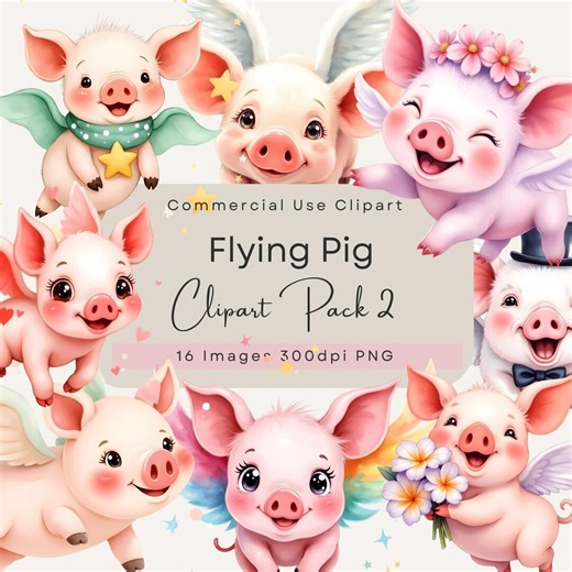 Flying Pig Clipart Pack 2, Fantasy Pig With Wings Clip Art Bundle, Digital Download. - Etsy