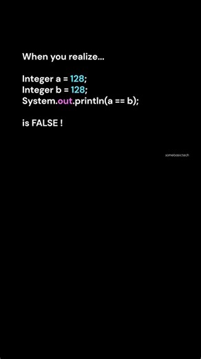 Somebasictech on Instagram: "Why? ⬇️ In Java, Integer caching only works for values between -128 and 127. For numbers beyond this range, new objects are created in memory, so a == b compares references, not values. ✅ Use .equals() for proper value comparison: System.out.println(a.equals(b)); // true Follow @somebasictech for more! #java #programming #interview #placement #preparation #college #student #education #learn #explore"