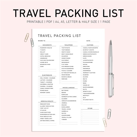 Minimalist Travel Packing List, Printable Checklist (A4, A5, US Letter) - Etsy