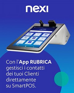Con l’App Rubrica gestisci i contatti dei tuoi clienti direttamente su SmartPOS. Scopri tutte le funzionalità dell’App qui 👇 https://image.message.nexi.it/lib/fe4311717564047c741771/m/2/67c488c0-62d8-46de-beea-322cf8bb776a.pdf?utm_source=FACEBOOK&utm_medium=PPL_CARD&utm_campaign=PRODOTTO&utm_content=SMARTPOS_01_06 | Nexi