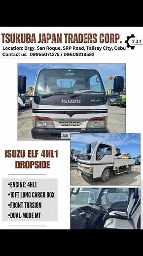 ‼ISUZU ELF 4HL1 10FT LONG DROPSIDE‼ SPECIFICATIONS: •ENGINE: 4HL1 •10FT LONG CARGO BOX •FRONT TORSION •DUAL-MODE MT •SAME SIZE TIRE: 205/65R16 ✔️FREE NEW BATTERY ✔️FREE TIRE WRENCH ✔️FREE JACK ✔️WITH SPARE TIRE PAYMENT METHOD: •CASH •BANK FINANCING 📍Location: Brgy. San Roque, SRP Road, Talisay City, Cebu. ☎️Contact us: 09955071275/09608218582 | TJT CORP - CEBU