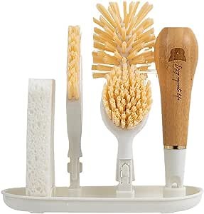 Dish Brush Set with Storage Holder, 4-in-1 Kitchen Cleaning Brush Set with 3 Interchangeable Brush Heads, with 1 Scrub Sponge