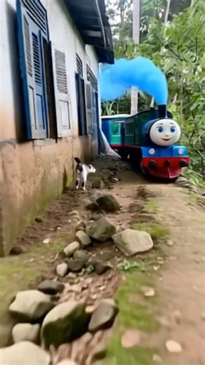 A cute train passes in front of the house