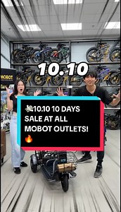 🎉 MOBOT’s 10.10 10-Day Sale is Here! 🎉 From 10-20 October, enjoy amazing deals across all our MOBOT outlets! 🛍 Whether you’re after PMAs, e-bikes, e-scooters, or foldable bikes, we’ve got massive discounts waiting for you! Don’t miss out on these limited-time offers: E-Bikes ⚡️ Ultra RT: $1699 (Save $200) ⚡️ Leader: $1499 (Save $200) PMA ✈️ Prime Lite: $999 (Save $1000) 🚀 MWheel LW: $1599 (Save $300) 🔋 Fiidom Max: $1599 (Save $300) Bi-Fold Bikes 🚴‍♂️ Camp Gold Mini Sport: $888 (Save $400) 