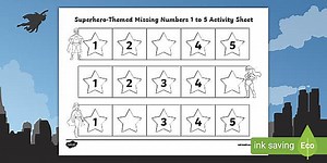 Superhero-Themed Missing Numbers 1 to 5 Worksheet