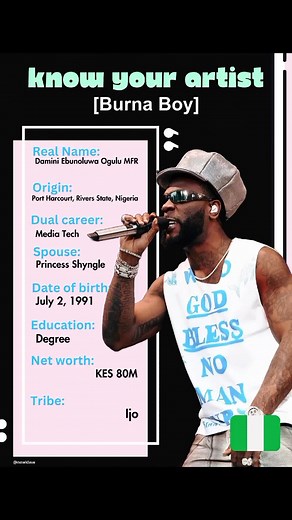 BURNA BOY Burna Boy, born Damini Ebunoluwa Ogulu on July 2, 1991, in Port Harcourt, Nigeria, is a globally renowned #singer , songwriter, and record producer. Known for his unique blend of #afrobeat , reggae, #dancehall , and hip-hop, Burna Boy has become one of Africa's most prominent and influential artists. Growing up in a musical family, Burna Boy was exposed to a variety of music from a young age. His grandfather, Benson Idonije, was once Fela Kuti's manager, and his mother, Bose Ogulu, lat