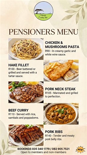 Mtunzini Country Club on Instagram: "Monday blues? Not around here. ☀️ We believe the best way to start the week is with a great meal you didn’t have to cook yourself. To our pensioners: sit back, let us pour the drinks, and enjoy some of the best value in Mtunzini. Today’s Pensioner Specials: 🍝 Chicken & Mushroom Pasta | R90 Creamy garlic and white wine sauce. Pure comfort in a bowl. 🐟 Hake Fillet | R100 Beer-battered or grilled, served with tartar sauce. A classic done right. 🥩 Pork Neck St