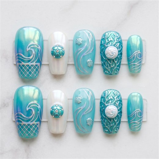Ocean Wave Soccer Press on Nails, Mermaid Blue Pearl Fake Nails, 3D Football Beach Nail Art, Coral Shell False Nails, Summer Sporty Nails - Etsy