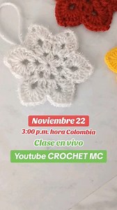 🥳🥳 Mañana es nuestra clase #3 del especial navidad crochetera. Vamos a tejer en vivo, juntos 😍 una linda flor/estrella y para algunos copo de nieve. Solo necesitas un poco de algún hilo que te haya sobrado y una aguja acorde o si tejer muy suelo, una númeración inferior ¡Te espero en mi canal de Youtube! | Crochet MC