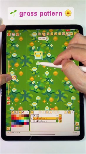 Pixquare | Pixel Art Editor on Instagram: "using tiled mode to draw grass pattern 🌼🌱 Here’s how: Settings > Canvas > Tiled Mode > select the adjacent tiles to tile and draw as you like 👉 App: Pixquare (free download on App Store) 👨‍🎨 Artwork artist: @silly_potato_ (in collaboration with Pixquare app) #pixquare #pixelart #aseprite #pixelartist #pixelartwork"