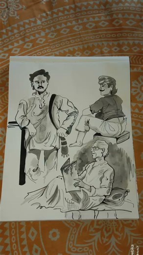 black and white human figure drawing with watercolor and pen