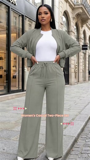 Women's Two-Piece Set Spring & Fall Plain Color Top Zipper Button Pants Elastic Waist Suitable for Home and Outdoors
