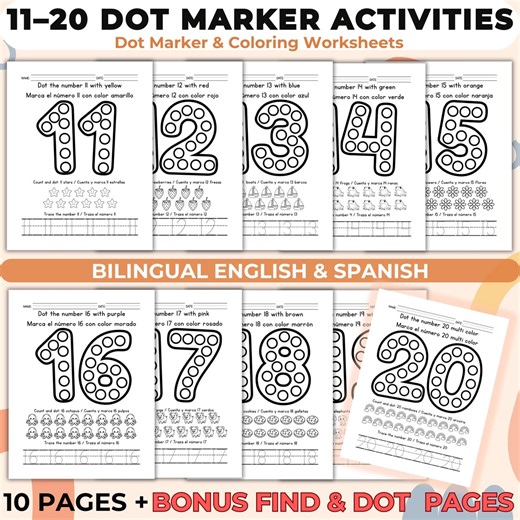 Dot Marker Number Worksheets 11–20, Do A Dot Coloring Pages, Number Recognition, Preschool Math, Bilingual Printable - Etsy