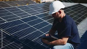 Installation of solar panels. Rows of modern photovoltaic solar panels. Renewable ecological source of energy from the sun.