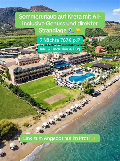 Sommerurlaub auf Kreta direkt am Sandstrand An der Küste von Kalyves erwartet dich ein stilvolles Strandresort für deinen perfekten Sommer auf Kreta 🌊☀️ Direkt am flach abfallenden Sandstrand gelegen, genießt du hier entspannte Tage zwischen Meerblick, Sonne und griechischer Gelassenheit. Zwei Pools, Strandbar und moderne Zimmer bis hin zu Varianten mit Privatpool schaffen eine Atmosphäre voller Komfort 🏝️✨ All Inclusive Plus mit Buffets, Snacks und Cocktails begleitet dich durch den Tag, währ