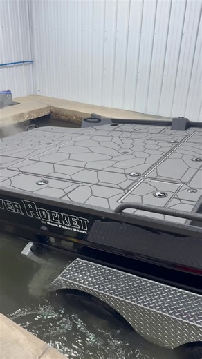 Here’s a RiverRocket 1972 w/ 300 Rotax Engine. It left this morning, headed to customer. Paint:￼ Ultimate Jet Black LineX: Black AquaTraction: Charcoal/Black | Rock Proof Boats