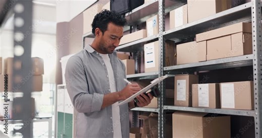 Barcode scanner, clipboard and shelves with man in storage depot for inventory or logistics management. Boxes, paperwork and stock with person writing in office for delivery or supply chain schedule