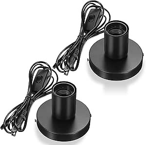Tuanse 2 Pcs Polished Metal Desktop Lamp Base E26 E27 Screw Light Bulb Holder Sockets Night Light Base Lamp Replacement for Holding Bulb 6 Feet Cord on Off Switch Plug(Black)