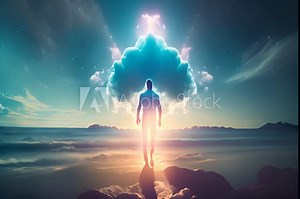 Spiritual man with aura Healing positive and holistic energy aura standing near the ocean. Aura around man with euphoria. sci-fi concept showing a male recovering energy. Man with aura and soul video