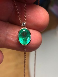 3.10ct Natural Emerald Pendant: Bezel Set Oval Solitaire, Diamond Accent - Etsy