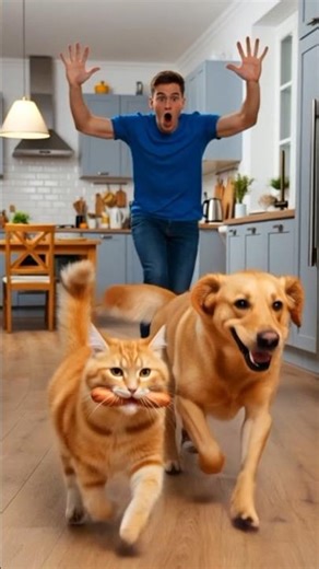 Funny Cat Steals Sausages While Labrador Runs