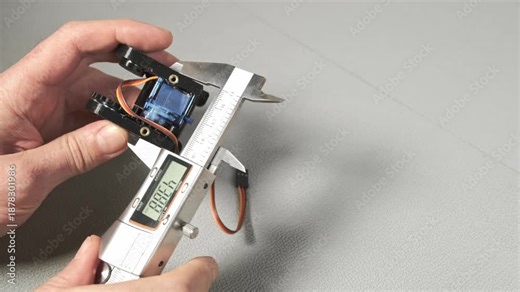 works with a digital caliper to measure a small robotic servo component with gears and wiring. Taking size, wide, length The precise measurement is shown on the LCD screen of the tool.