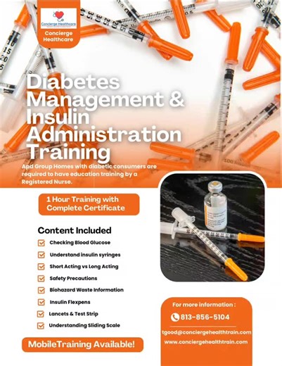 Apd group homes with diabetic consumers are now able to administer insulin, after completing training from a Registered Nurse. At Concierge Healthcare Training Services we are a nurse owned and operated education center, and can train your direct support staff. For professional education from an experienced Registered Nurse, contact us today. Certificate of completions provided. Email- tgood@conciergehealthtrain.com for more information. | Concierge Healthcare Training Services & Consultants
