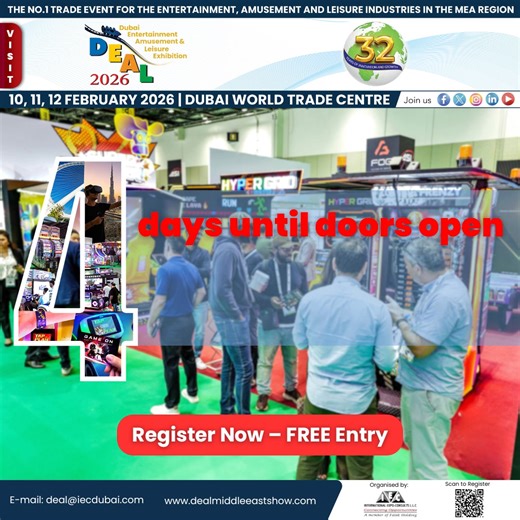The countdown is real. 4 days until DEAL 2026. DEAL 2026 is almost here, bringing together the world’s leading brands and innovators in leisure, entertainment, rides, VR, AR, and attractions development. Get ready for new technologies, global brands, and fresh ideas for your upcoming projects. What’s on the agenda? ✅ 3 days of high-level networking ✅ Exclusive product launches ✅ Practical solutions for operators of all sizes 📅 10–12 February 2026 📍 Dubai World Trade Centre 👉 Don’t Miss It - R