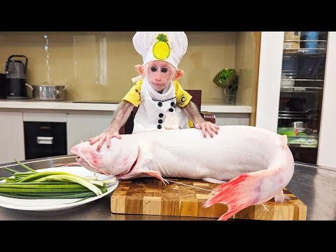 Whole Giant Fish 🐋 Relaxing Cooking For Monkey BiBi To Stop Sick