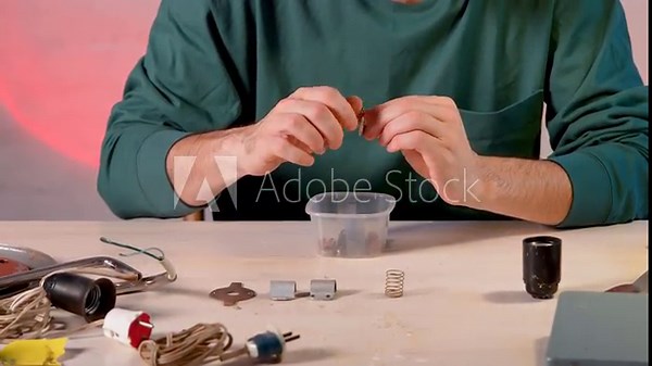 Restoration master carefully checking components of disassembled vintage lamp and putting switches, springs, terminals and sockets into box, examinees quality of supplies. Creative upcycling hobby.