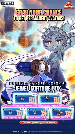 💎 Grab Your Chance to Get PERMANENT Avatars! 1-Day Left! 💥 The Jewel Fortune Box is here open it now and unlock exclusive, timeless looks! 🎯✨ 📅 Event Period: November 19th, 2025 - November 25th, 2025 GMT 8 🎁 Avatars you can get: ...and more! Spin, win, and make your style last forever in Gunbound! 👉 https://gunboundggh.com/fortune 🌐 Instagram: https://www.instagram.com/gunbound.ggh/ 🌐 TikTok: https://www.tiktok.com/@gunbound.official 🌐 Discord: https://discord.com/invite/gunboundggh #Gu