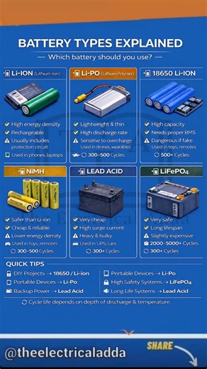 The Electrical Adda | Science + Technology on Instagram: "Type of Battery Explained @theelectricaladda . All type of Electrical battery and its use life cycle and advantage and daily life use Li-ion battery, Li-po battery, Lead acid battery and othes . #Theelectricaladda #battery #electrical #electricalengineering #bee . ."