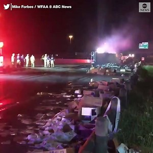 19K views · 322 reactions | WIPEOUT: A tractor-trailer hauling toilet paper crashed and caught fire, spilling the hot commodity across Interstate 45 near Dallas. The driver of the truck is OK, officials said. https://abcn.ws/2X0sL4N?utm_medium=social&utm_source=facebook_KITV | KITV4 | Facebook