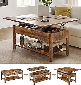 FABATO Lift Top 4-in-1 Multi-Function Convertible Coffee Table With Storage, Converts to Dining Table for Living Room, Reception Room, Office - Rustic Brown