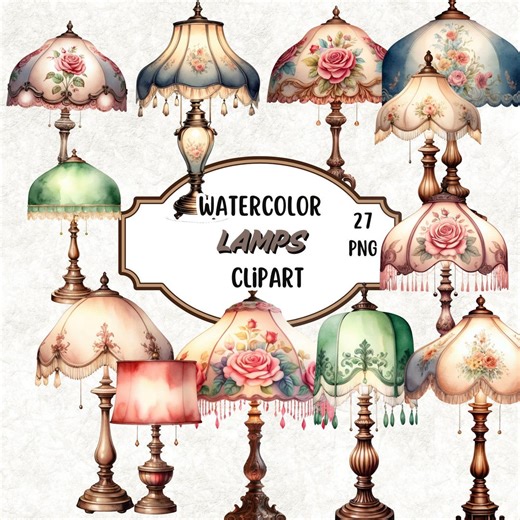 Watercolor Vintage Lamp Clipart Bundle, Floral Lamps PNG Set, Antique Table Lamp Clipart, Shabby Chic Decor Graphics, 27 PNG
