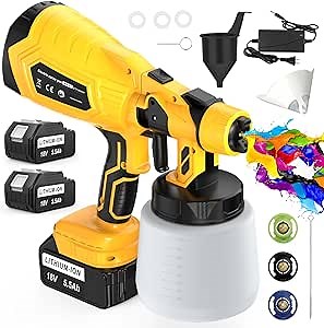 Cordless Paint Sprayer with Battery, 2X 5.5Ah 18V Battery, Electric Spray Paint Gun, 3 Nozzles, Adjustable Spray Width & Flow Control, Handheld HVLP Spray Gun for House Furniture Cabinet Painting