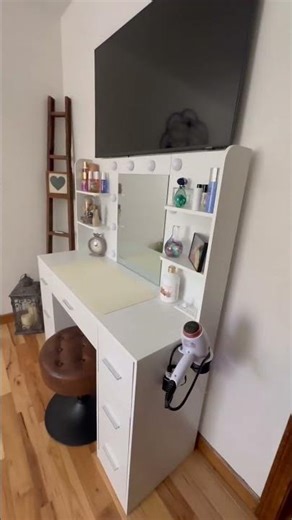 Vanity Desk with Lights & Power Outlet That Keeps Everything Organized ✨