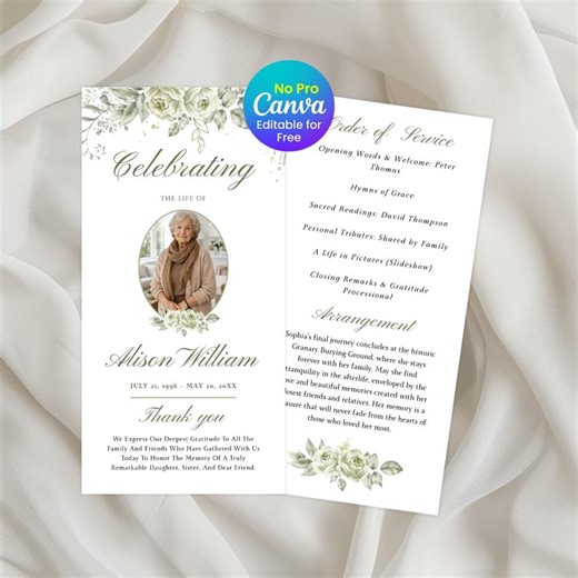 Double-sided Modern Funeral Program Template, Celebration of Life, in Loving Memory Tribute (canva, Instant Download) - Etsy