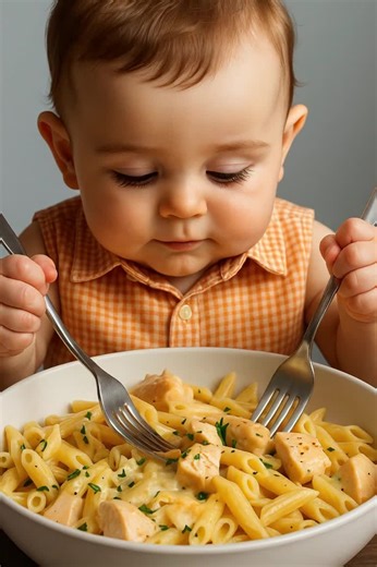 Cute Baby Enjoys Pasta for the First Time
